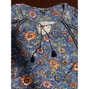 Lucky Brand Women Floral Print Blue Tassels Lace Up Neck Tunic Top Size L